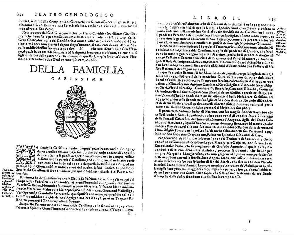 Page du Teatro genologico de Filadelfo Mugnos, Palerme 1647, chapitre Della famiglia Carissima